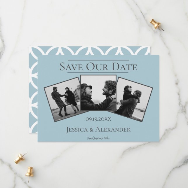 Reserve A Data Colagem Simples de 3 Fotos | Save The Date Azul (Frente/Verso In Situ)