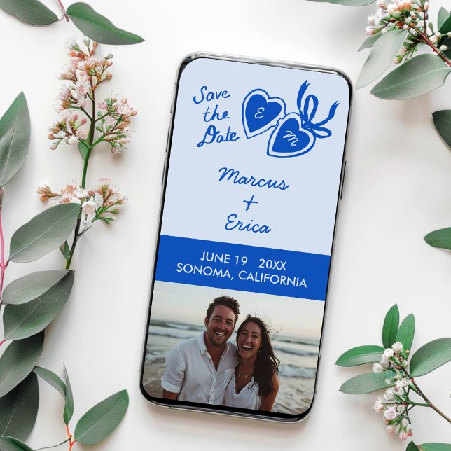 Reserve A Data Colar Digital Coração Personalizado com Foto Salva (Digital Download eCard Heart Locket Custom Photo Wedding Save the Date Blue
)