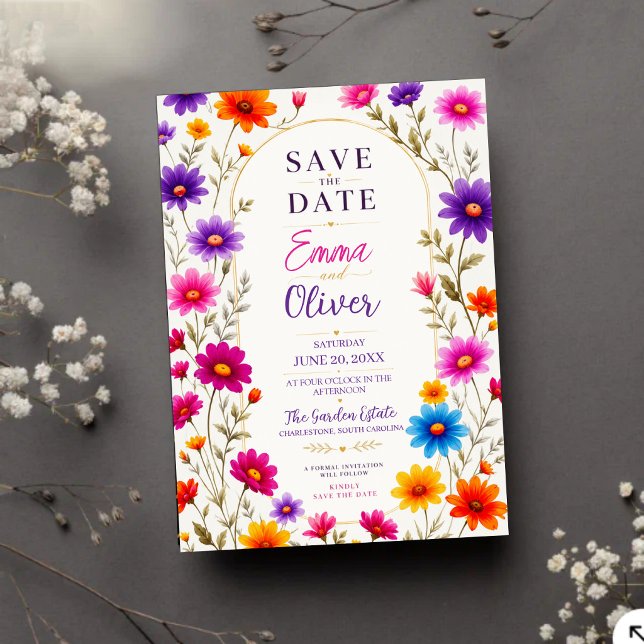Reserve A Data Colorful Wildflowers Wedding Invitation (Criador carregado)