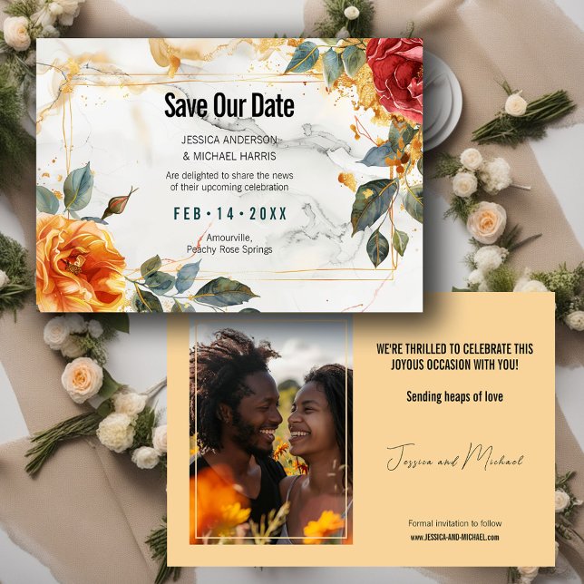 Reserve A Data com a foto Marble Dreams: Elegância Rosa Laranja (With photo Marble Dreams: Orange Rose Elegance Save The Date)