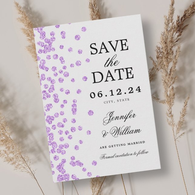 Reserve A Data Confetti Roxo de Casamento de Script Elegante (Elegant Script Wedding Confetti Purple Save The Date)
