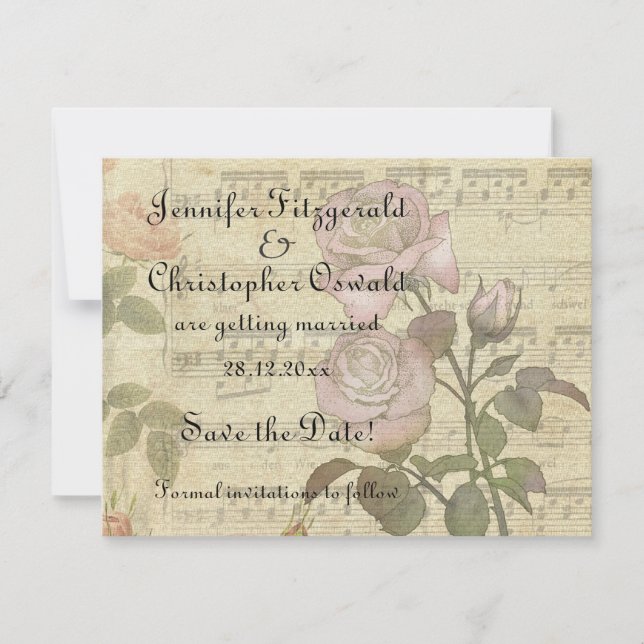 Reserve A Data Conjunto de casamento de partitura musical e rosa  (Frente)