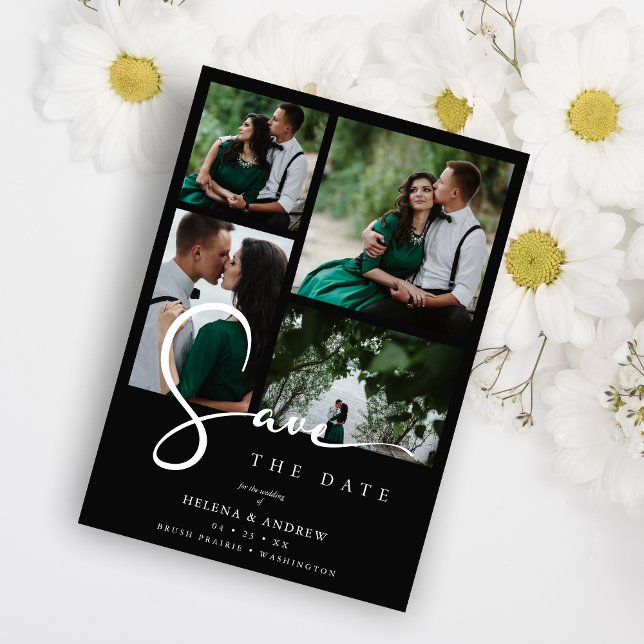 Reserve A Data Cool Black & White Trend 4 Multi Photos Collage QR (Cool Black & White Trend 4 Multi Photos Collage QR Save The Date Card.)