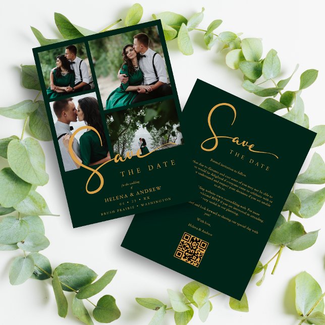 Reserve A Data Cool Green Trendy 4 Multi Photos Collage QR (Cool Dark Green Trend 4 Multi Photos Collage QR Wedding Save the Date Card With Envelope. )