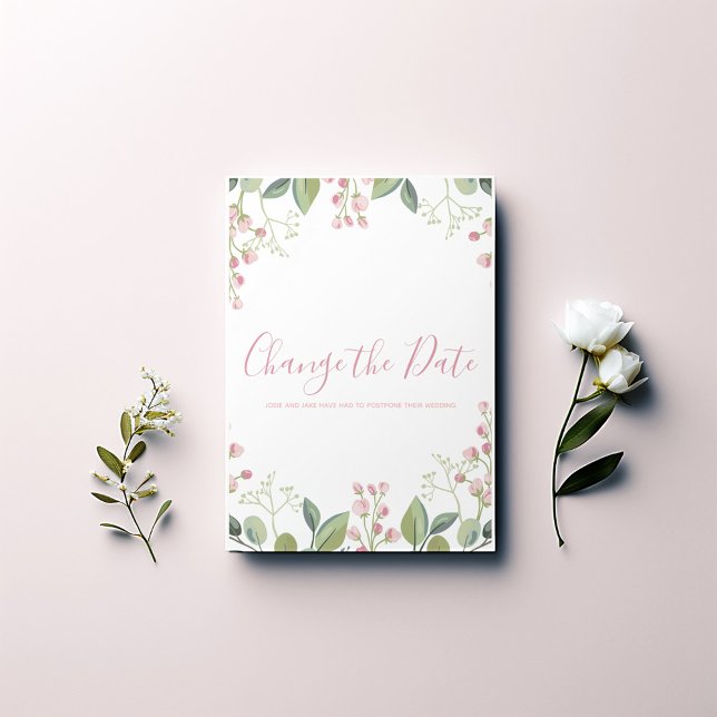 Reserve A Data Cor d'água Elegante rosa e verde (Elegant watercolor "Change the Date" card. Featuring a beautiful pink and green flower border.)