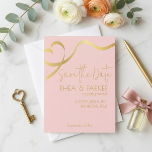 Reserve A Data Coração de Fita Dourada Elegante e Rosa Desmaiado