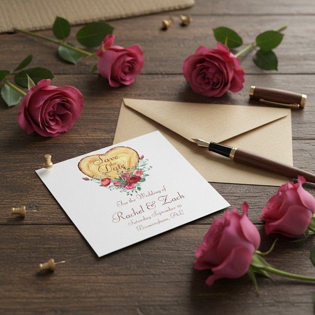 Reserve A Data Coração de madeira e rosas (Criador carregado)