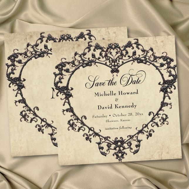 Reserve A Data Coração de Noiva com Filigrana em Pergaminho Bege  (Gothic Black Tan Parchment Filigree Heart Wedding Save The Date)
