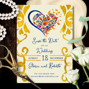 Reserve A Data Coração Floral Colorido Barroco Casamento Mexicano