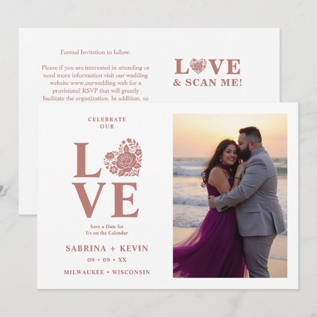Reserve A Data Coração Floral Moderno Foto Casamento Script TLW26 (Frente/Verso)