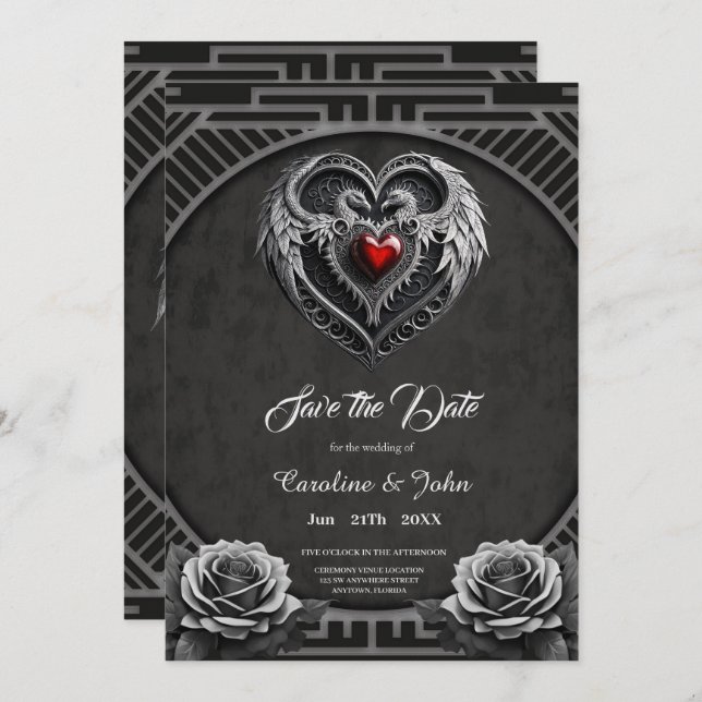 Reserve A Data Coração prateado com asas. (Frente/Verso)