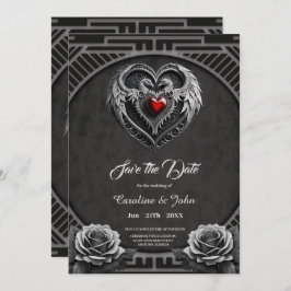 Reserve A Data Coração prateado com asas.