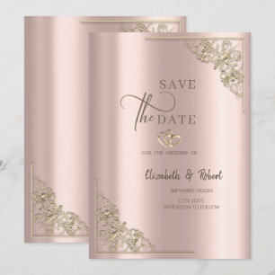 Reserve A Data Corações de Ouro Elegantes Rosa Dourado Casamento