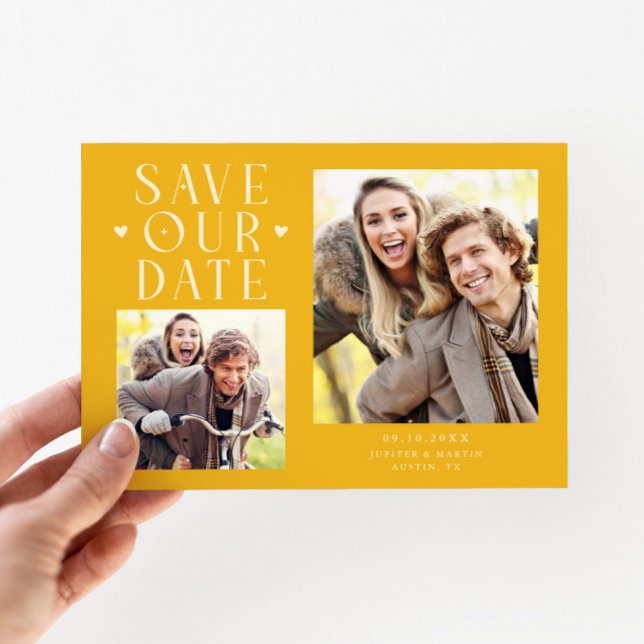 Reserve A Data Corações Fofos 2-Foto Casamento Amarelo (Criador carregado)