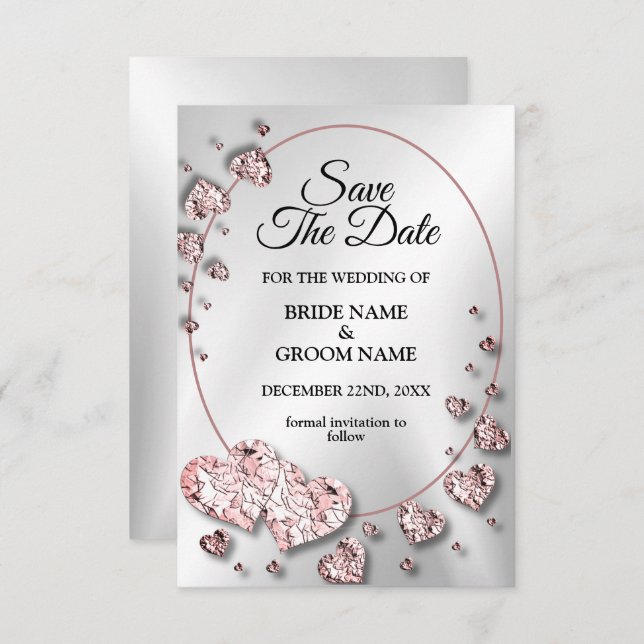 Reserve A Data Corações Geométricos Rosa Bege Brilhante Casamento (Frente/Verso)