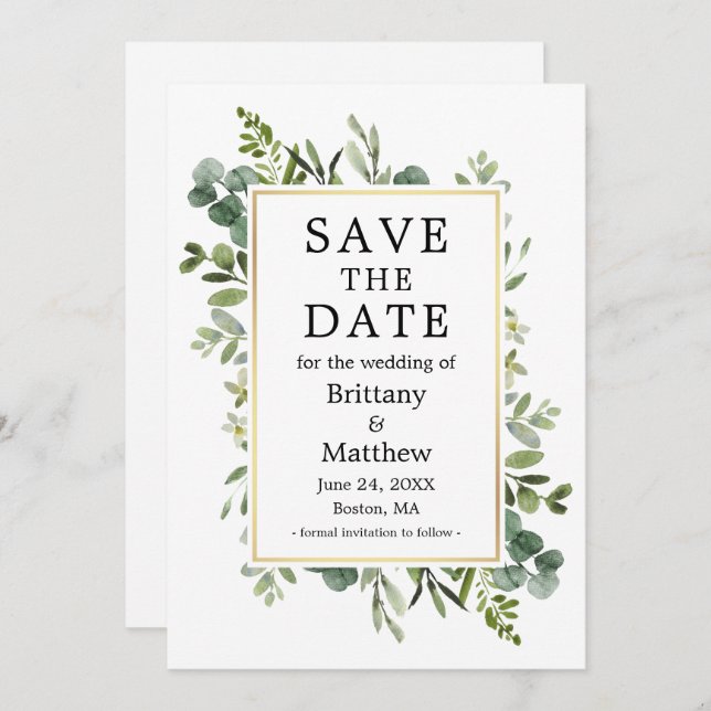 Reserve A Data Cores Aquáticas Verde Botânico Eucalyptus Dourado (Frente/Verso)