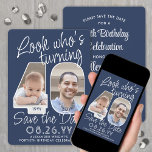 Reserve A Data Cores de cor ・ Veja quem é a 40 Festa de aniversár<br><div class="desc">Olha quem está fazendo 40! Convide a família e os amigos para uma próxima comemoração de aniversário de 40 anos com uma elegante foto personalizada para salvar os convites de festas de data. Imagens e textos neste modelo são simples de personalizar. As cores azul e branca do marinho para o...</div>