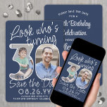 Reserve A Data Cores de REMOÇÃO ・ Veja quem é 30 Festas de aniver<br><div class="desc">Olha quem faz 30 anos! Convide a família e os amigos para uma próxima comemoração de aniversário de 30 anos com uma elegante foto personalizada para salvar os convites de festas de data. Imagens e textos neste modelo são simples de personalizar. As cores azul e branca do marinho para o...</div>