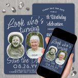 Reserve A Data Cores de REMOÇÃO ・ Veja quem é a 80 Festa de anive<br><div class="desc">Olha quem está fazendo 80! Convide a família e os amigos para uma próxima comemoração de 80, com fotos personalizadas elegantes, para salvar os convites de festas de data. Imagens e textos neste modelo são simples de personalizar. As cores azul e branca do marinho para o plano de fundo, texto...</div>