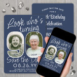 Reserve A Data Cores de REMOÇÃO ・ Veja quem é a 90 Festa de anive<br><div class="desc">Olha quem está fazendo 90! Convide a família e os amigos para uma próxima comemoração de 90, com fotos personalizadas elegantes, para salvar os convites de festas de data. Imagens e textos neste modelo são simples de personalizar. As cores azul e branca do marinho para o plano de fundo, texto...</div>