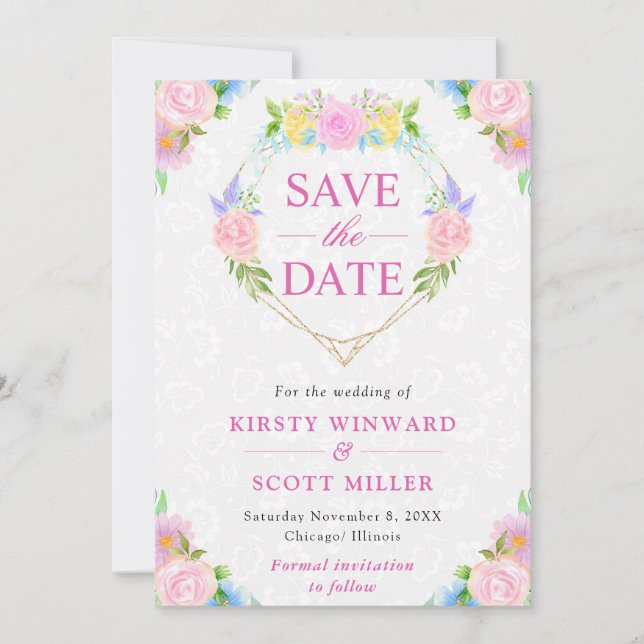 Reserve A Data Coroa de casamento de verão em aquarela rosa e ama (Frente)