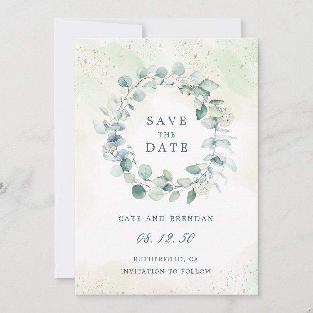 Reserve A Data Coroa de Eucalipto Aquarela Casamento (Frente)
