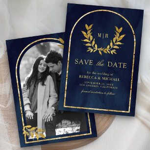 Reserve A Data Coroa de Folhas de Louro Dourado Casamento Azul Na