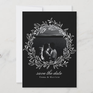 Reserve A Data Coroa de Linha Botânica Elegante Preta Foto & QR