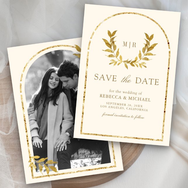 Reserve A Data Coroa de Louro Dourado Folhas Creme Casamento (Criador carregado)