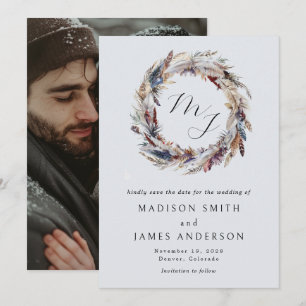 Reserve A Data Coroa de Noiva de Inverno com Monograma e Penas Bo