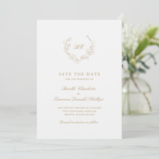 Reserve A Data Coroa de Ouro Monograma Casamento Elegante (Em pé/Frente)
