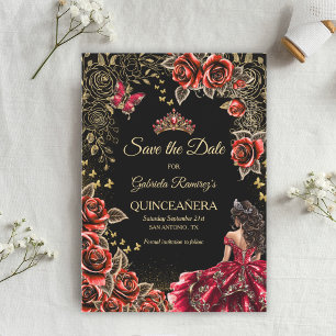 Reserve A Data Coroa de Tiarra Dourada Vermelha e Preta Rosas Qui