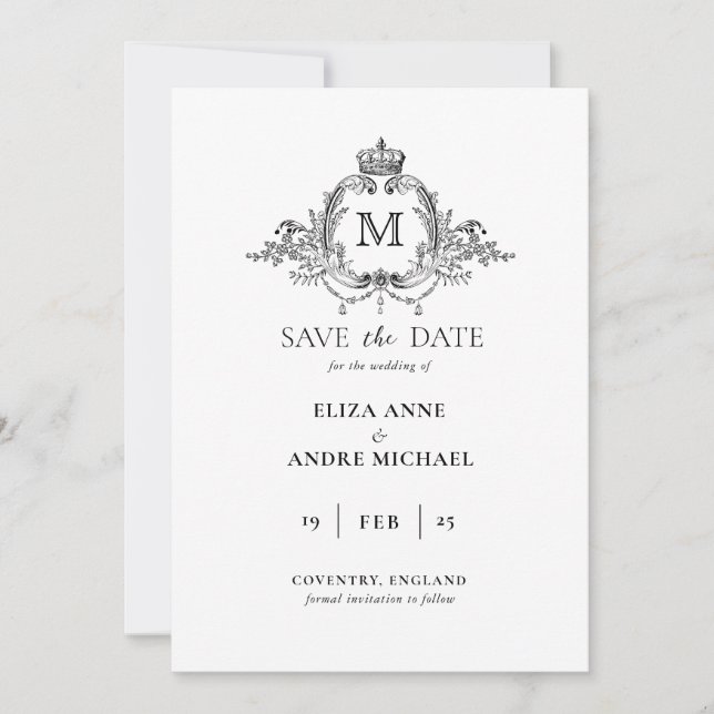 Reserve A Data Coroa Real Elegante Monograma Casamento  (Frente)