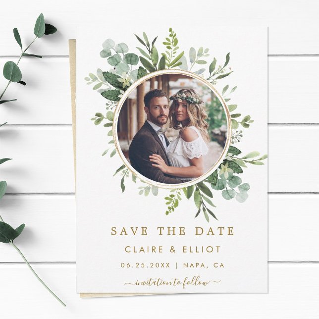 Reserve A Data Coroa Verde Dourada Botânica Casamento Foto (Criador carregado)