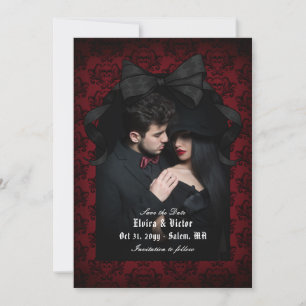 Reserve A Data Crânio Vermelho Damasco Arco Preto Casamento Gótic