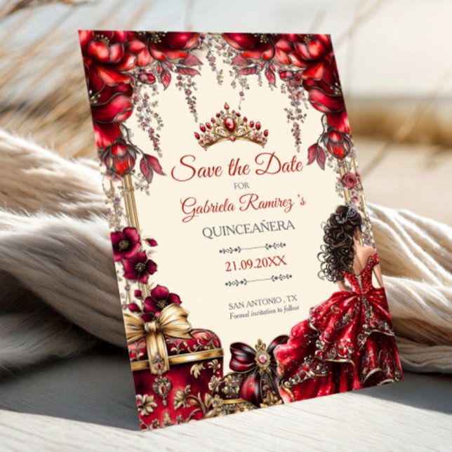 Reserve A Data Cream and Red Golden Tiara Floral Quinceañera (Criador carregado)