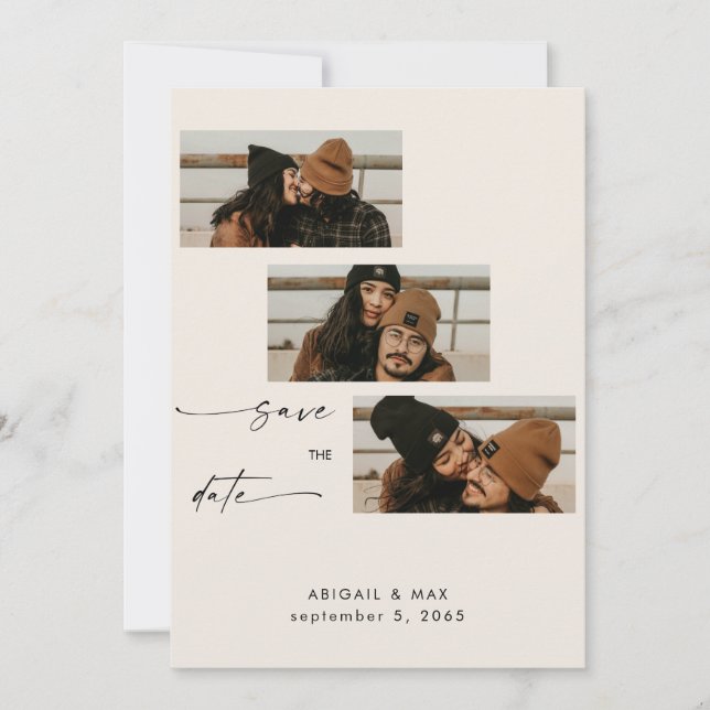 Reserve A Data Cream Collage Photo Strip Casamento Salvar a Data (Frente)
