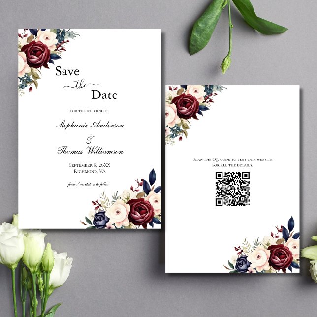 Reserve A Data Cream Floral Elegante Moderno do Marinho (Burgundy, Navy Blue, Cream Floral Watercolor QR code Wedding Save the Date Cards)