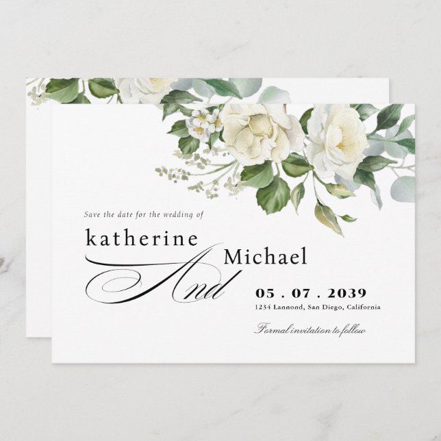 Reserve A Data CreamyFloral Eucalyptus Script Calligraphy Wedding (Frente/Verso)