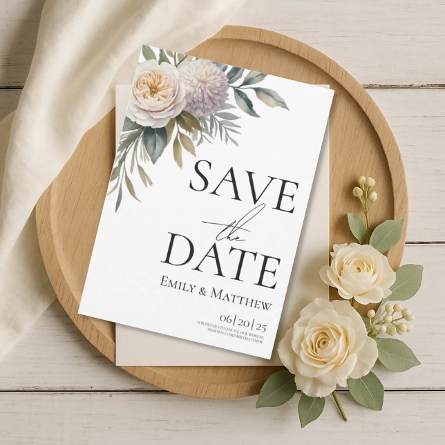 Reserve A Data Creme Branco E Lilás Floral Save The Date (Criador carregado)