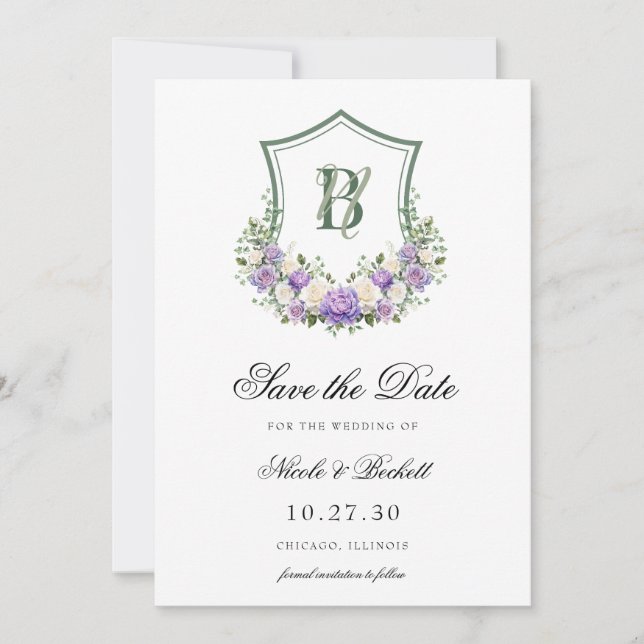 Reserve A Data Crest Floral Branco Roxo Casamento  (Frente)