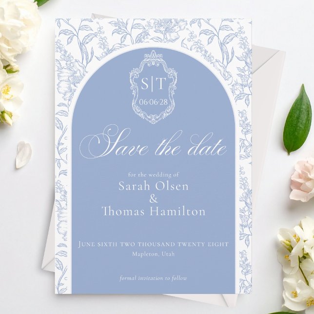 Reserve A Data Crest Monograma Azul Chinoiserie Floral Script (Criador carregado)