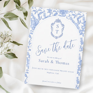 Reserve A Data Crest Monograma Delft Azul Floral Script