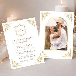 Reserve A Data Crest Monograma Dourado Foto Casamento Branco