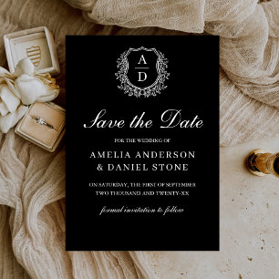 Reserve A Data Crest Monograma Formal Folhagem Preto Branco Casam