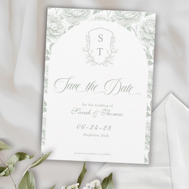 Reserve A Data Crest Monograma Sage Green Script (Crest Save The Date Formal Card sage green)