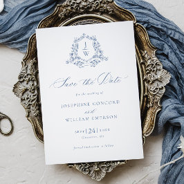 Reserve A Data Crestão Floral Monograma Tradicional Azul Casament