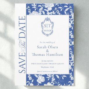 Reserve A Data Crista de Casamento Azul Floral Chinoiserie