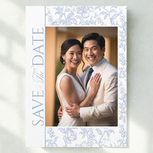 Reserve A Data Crista de Casamento Azul Floral Chinoiserie