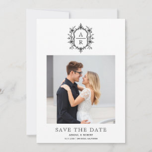 Reserve A Data Crista floral vintage em preto e branco com monogr